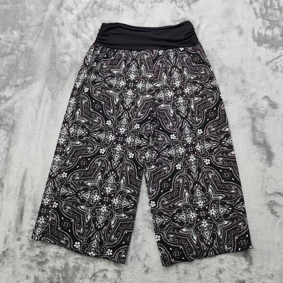 Apt 9 Pants Womens L Black White Floral Pull On Ruched Waist Wide Crop Palazzo - Picture 2 of 10